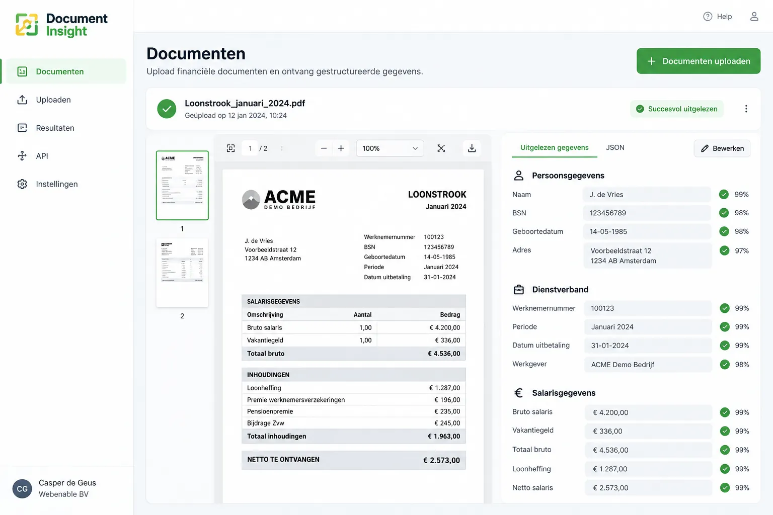 Document Insight portaal met een loonstrook en de uitgelezen gegevens